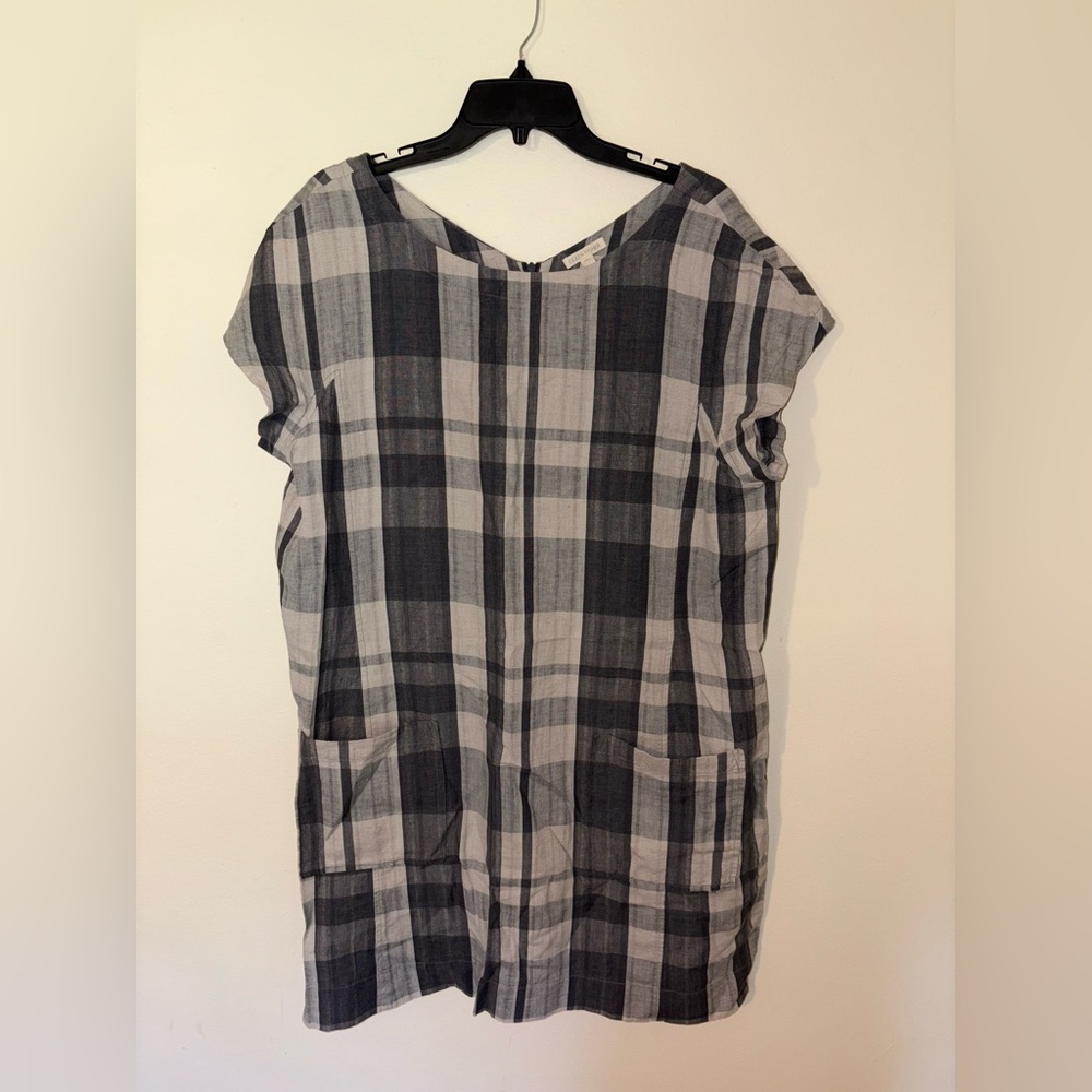 Eileen Fisher Organic Linen Cotton Plaid V Back Dress Size Women’s XL